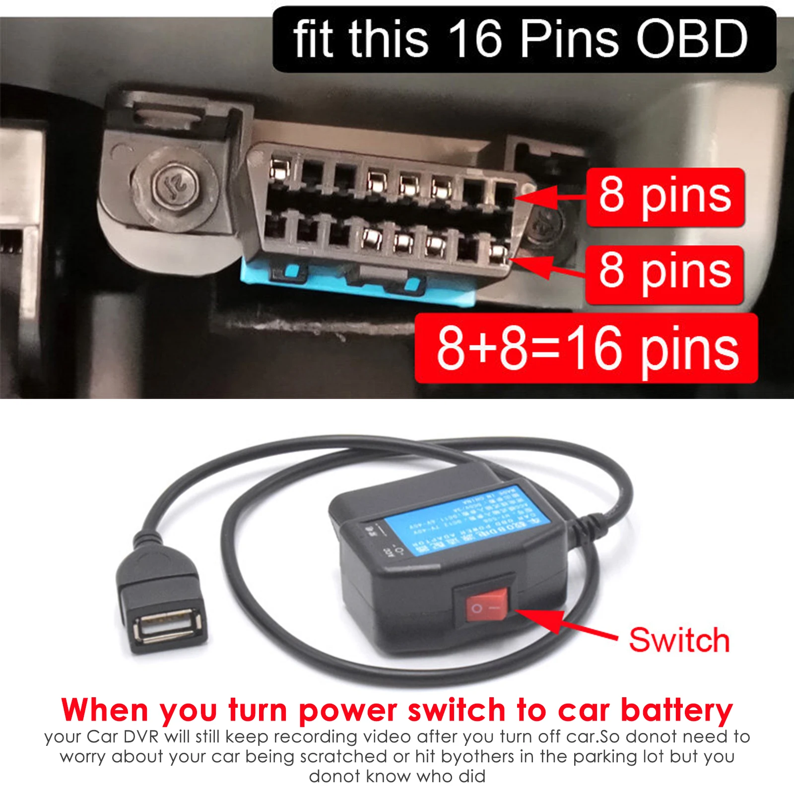 Cable de carga USB para coche, Kit de cables duros OBD con interruptor para cámara de salpicadero, DVR para vehículo, monitoreo de estacionamiento,