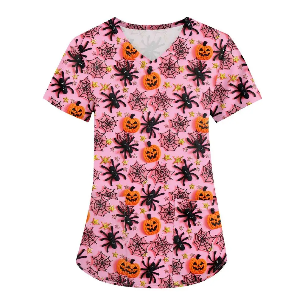 Frauen arbeits uniform Halloween Ghost Print Cartoon V-Ausschnitt Tops Frauen hemden Krankens ch wester Arbeits kleidung medizinische Uniformen
