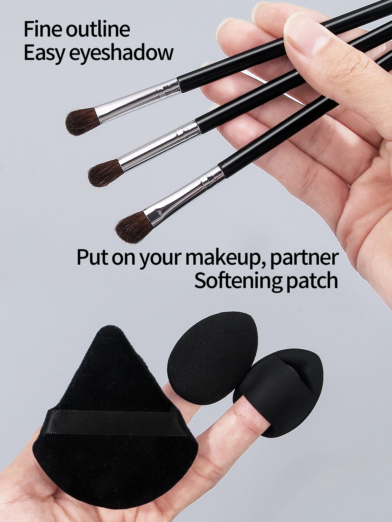 Zestaw premium 6 szt.: Miękkie pędzle do makijażu oczu i dwustronne puszki do pudru w kształcie wachlarza oraz puszka do pudru do korektora na palec.