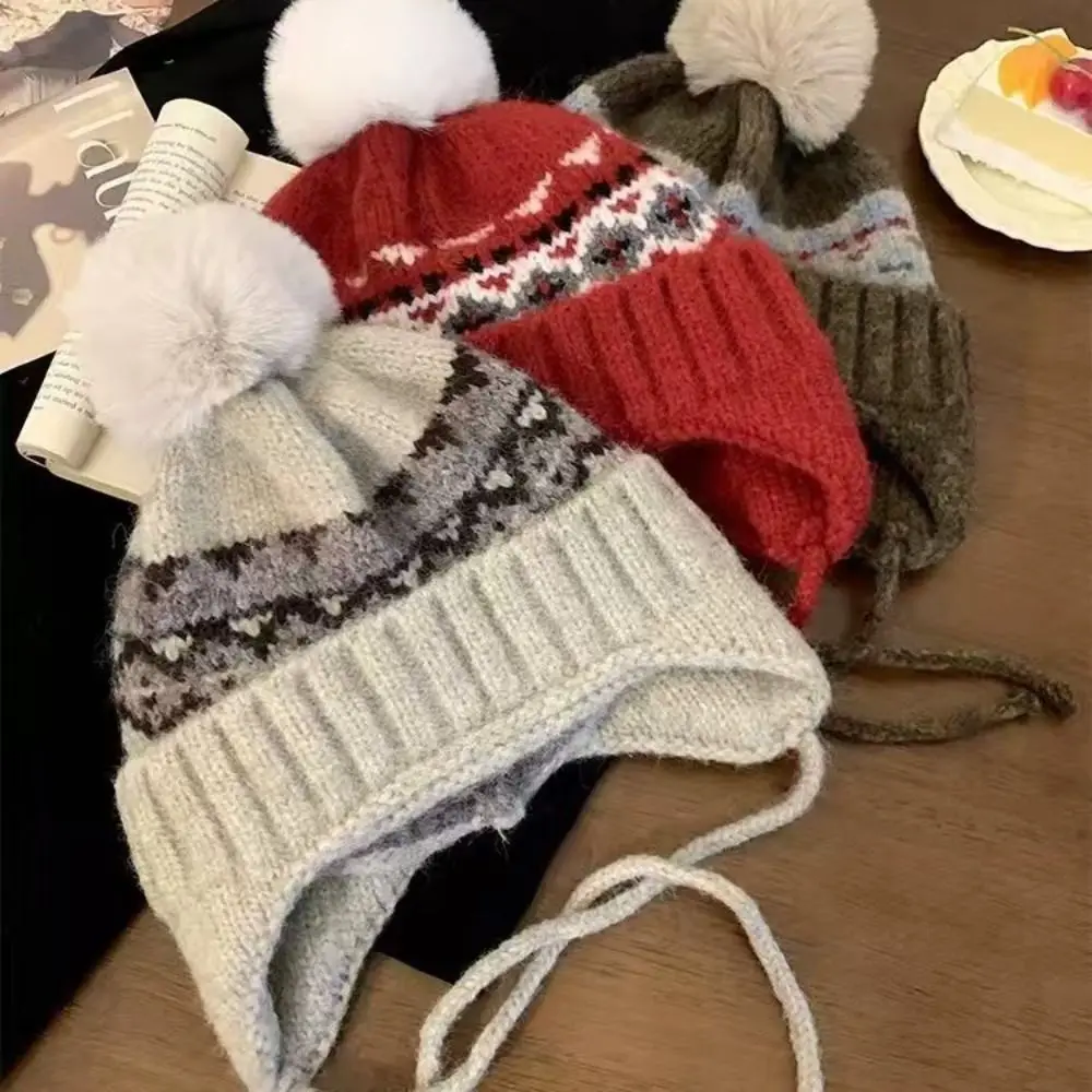 

Sweet Warm Jacquard Knitted Hat Wool Vintage Fair Isle Style Beanies Cute Korean Lei Feng Hat Autumn