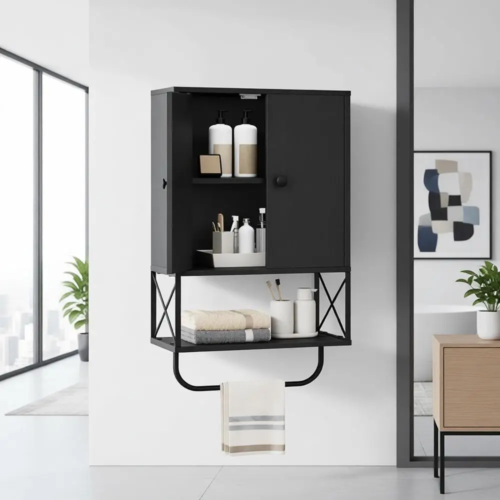 

Настенный шкаф с двойными дверцами и регулируемыми полками, для хранения над унитазом, с держателем для полотенец, черный