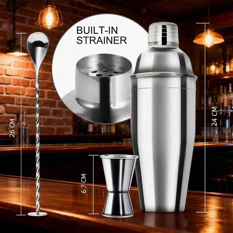 4Pcs 24oz Stainless Steel Cocktail Shaker Bar Kit Complete Mix Tools With Recipe Booklet Essential Bar Accessories For Travel Ba