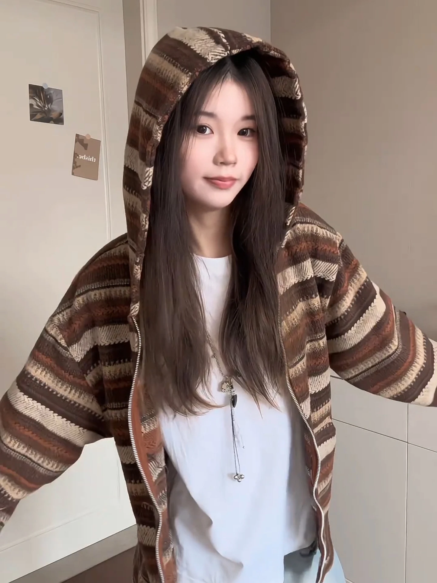 

Cafe Brown Heavyweight Hoodie Unisex Autumn Color Block Striped Woolen Knitted Jacket Lazy Style Casual Long Sleeve Coat