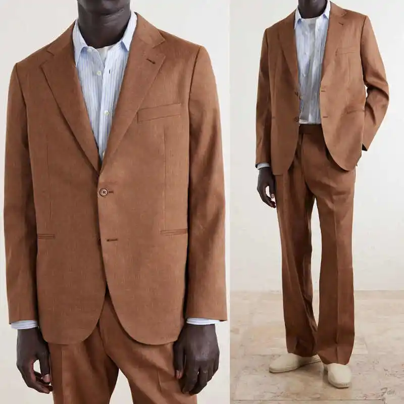 Classic Single Breasted Notch Lapel Brown Men's Suit Casual Linen Feel Blazer and Pants 2 Piece Set Custom Made M263969