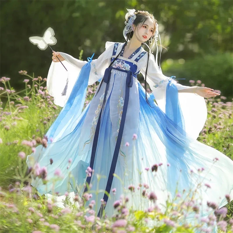 

Oriental Ancient Tang Dynasty Hanfu Dress Woman Chinese Traditional Dance Costumes Blue Elegant Fairy Folk Performance Clothing