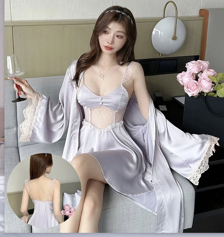 

Twinset Sexy Kimono Robe Set Womens Lace Sleepwear Nightwear Silky Satin Nightgown Bathrobe Gown Sleep Suit Home Clothing