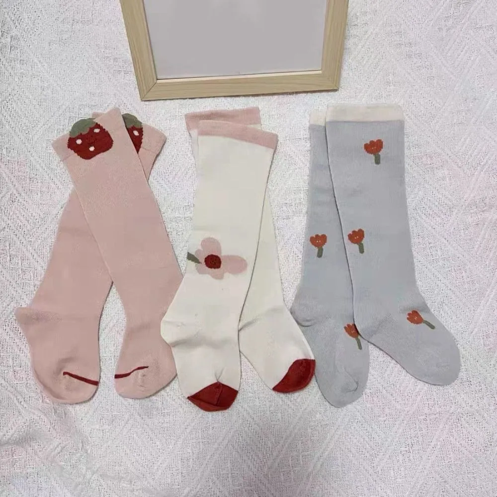 3Pairs Elastic Strawberry Calf Socks Baby Cotton Flower Cartoon Above Knee Socks Animals Print Cute Baby Mid Tube Socks Girls
