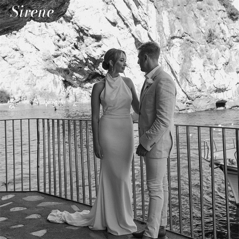 

Sirene Simple Halter Meimaid Sleeveless Stain Wedding Dress Elegant Floor Length Open Back Sexy Bridal Gowns Robe de mariée 2024