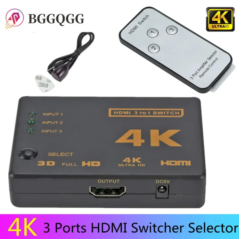 BGGQGG  Mini HDMI Switcher 4K HD1080P 3 Ports HDMI Switcher Selector Splitter With Hub IR Remote Controller For HDTV DVD TV BOX