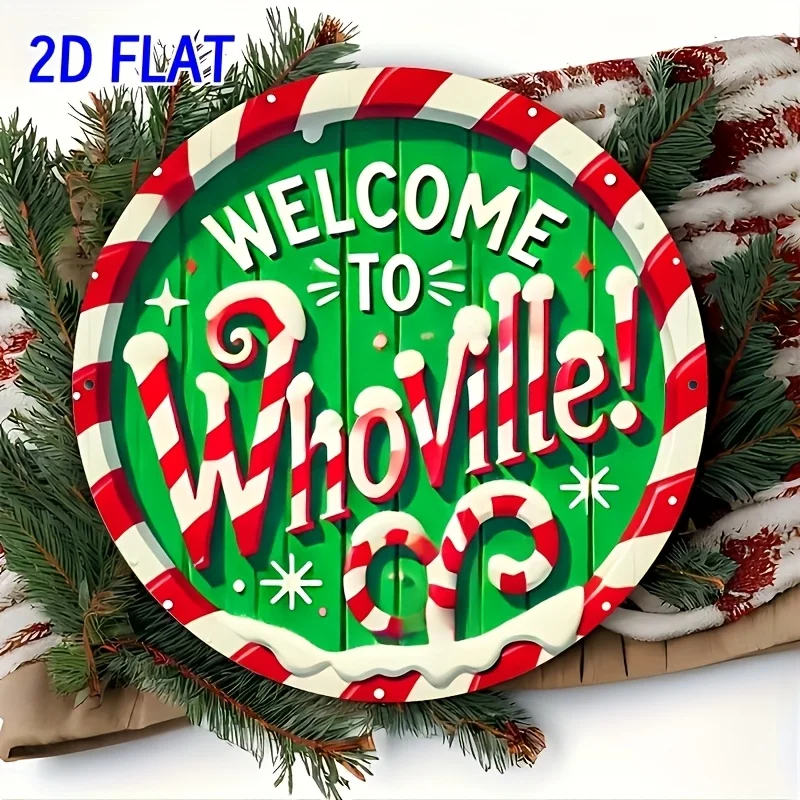 لافتة حائط خشبية دائرية مسطحة ثنائية الأبعاد، قطعة واحدة من "Whoville Welcome" - ديكور عطلة ريفي معاد تدويره مقاس 7.87 بوصة #1