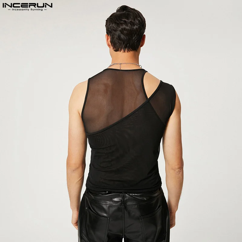 Men Tank Tops Hollow Out Mesh Transparent Streetwear Solid O-neck Sleeveless Vests 2023 Sexy Party Nightclub Tops INCERUN S-5XL