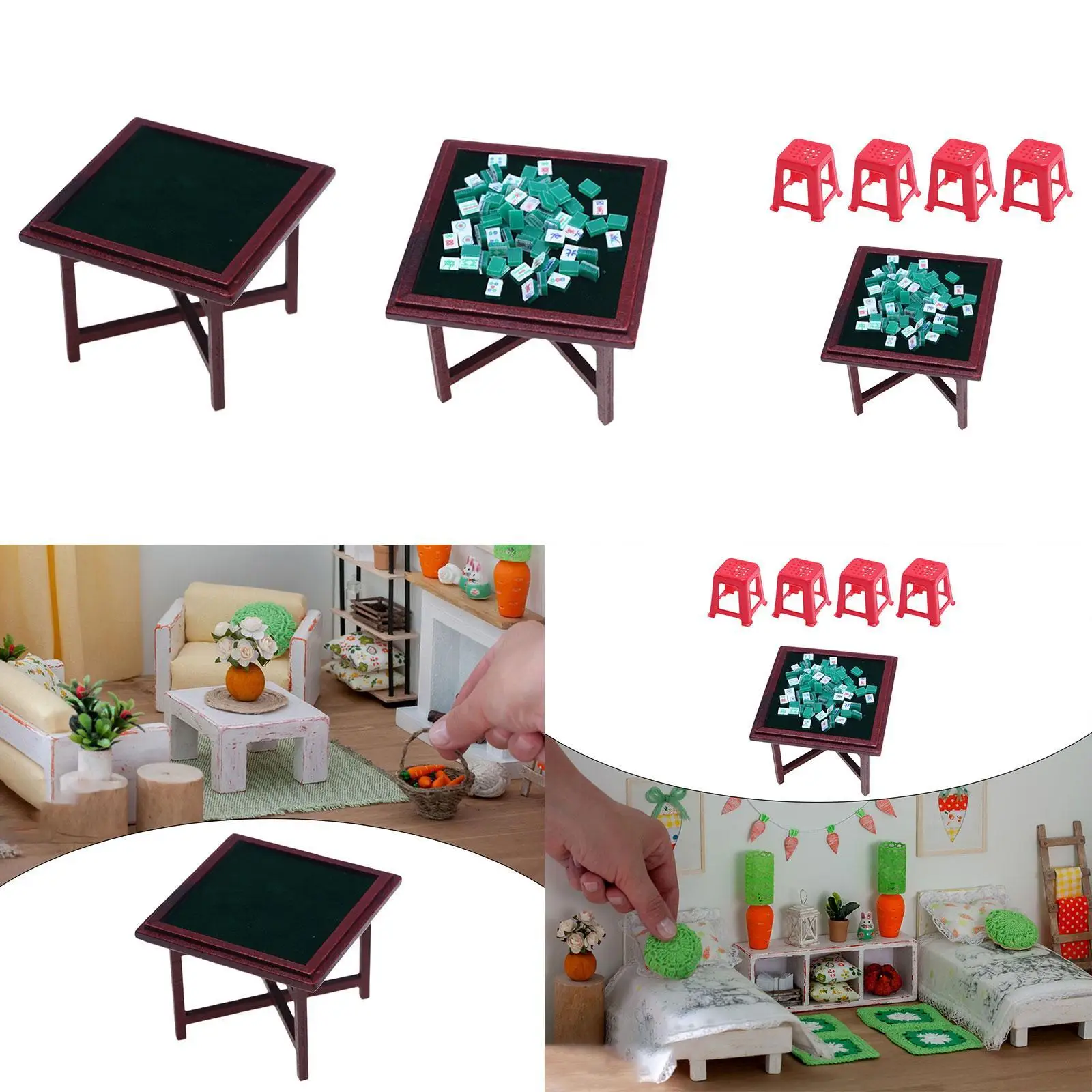 1/12 Mahjong in miniatura Set Sala giochi in miniatura Puntelli Scrivania in miniatura Modello portatile fatto a mano Modello di mobili Mahjong per casa delle bambole