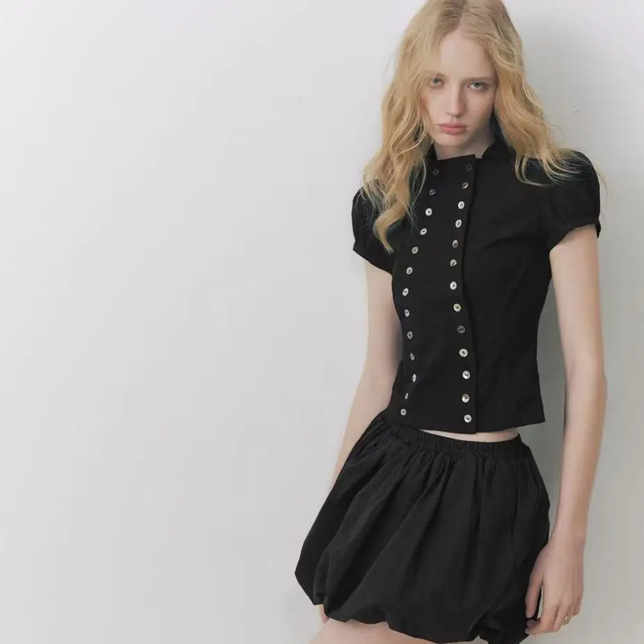 

Spring/Summer 2026 Double-breasted Shirt Y2K Elegant Retro Bubble Sleeve Lapel Slim-fit Top Suitable for Lolita Style Daily Wear