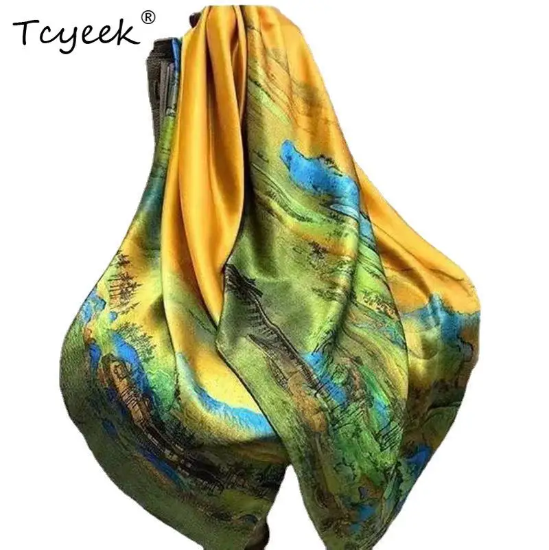 

Tcyeek, 16MM 100%Pure Slik Elegant Kerchief, 135cm Chinese Printed, Mom Gift Commute Retro Scarf, 2024 Summer Autumn A465119QM