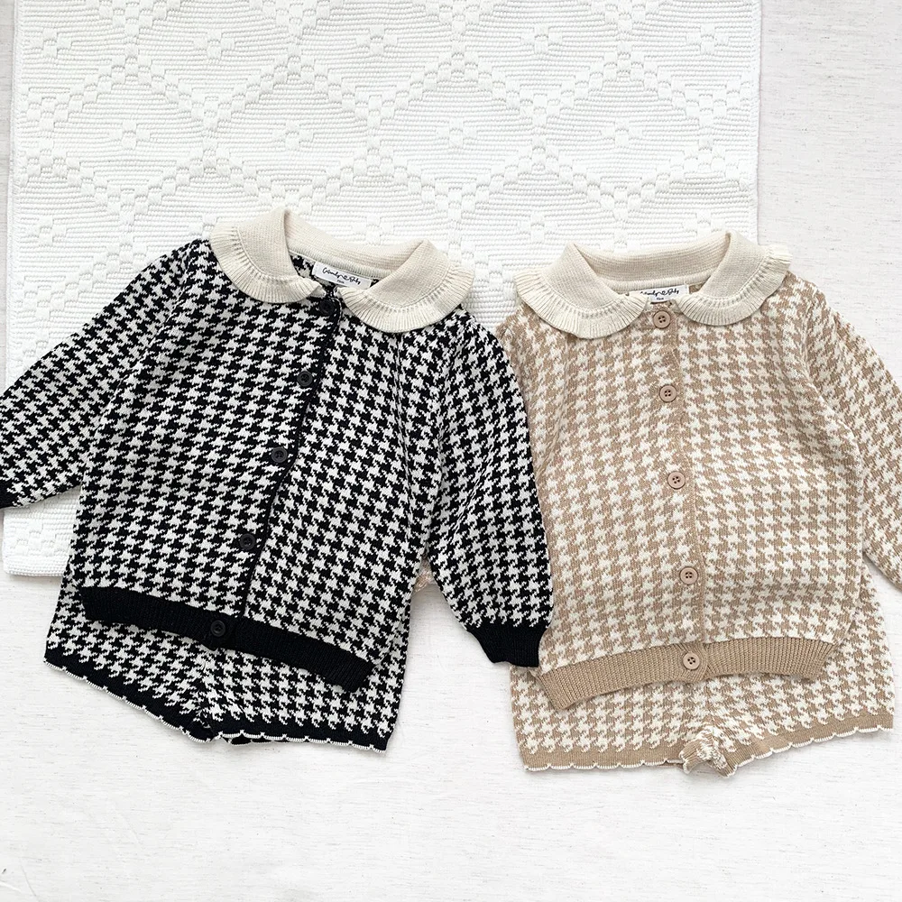 

Baby KnitSet Girls Children's Houndstooth Knited Button Sweater Cardigan + Shorts 2 Piece Set Casual Toddler Spring Autumn Suits