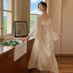Women French Thin Style Sexy Two-Pieces Night Robe Lace V-Neck Spaghetti Strap Nightie Full Sleeves Loose Ice Silk Morning Robe