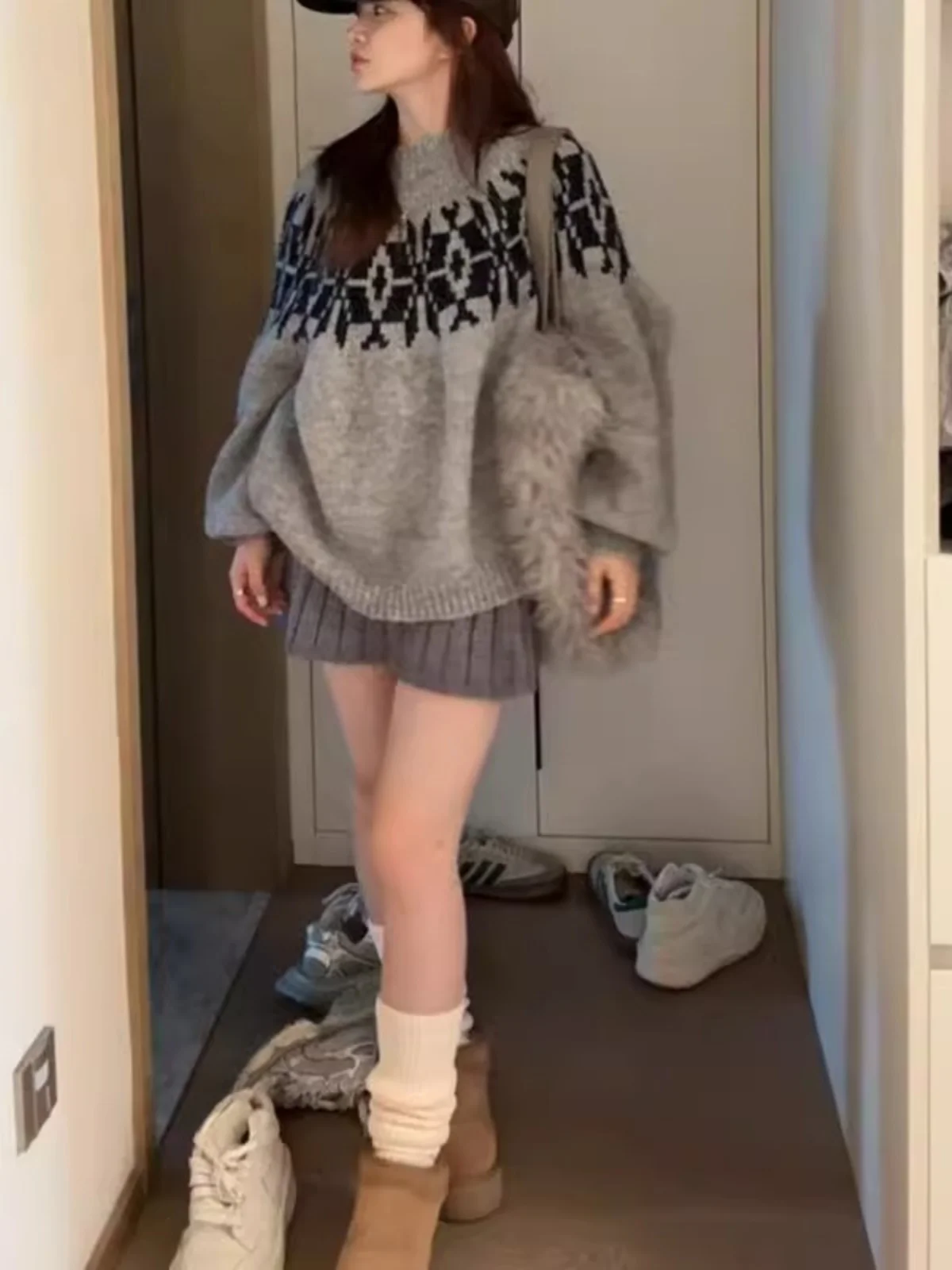 Retro Fair Isle Strickpullover Damen Loose Lazy Sle Base Layer Irt Top für Herbst Winter High School Junior Studenten Big...