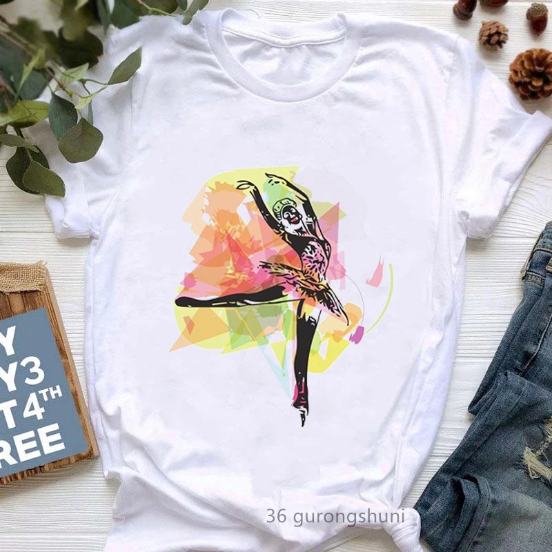 Aquarel Danser Print T Shirt Meisjes Esthetische Kleding Koel Wit Korte Mouw T-shirt Femme Zomer Mode Vrouwelijke T-shirt