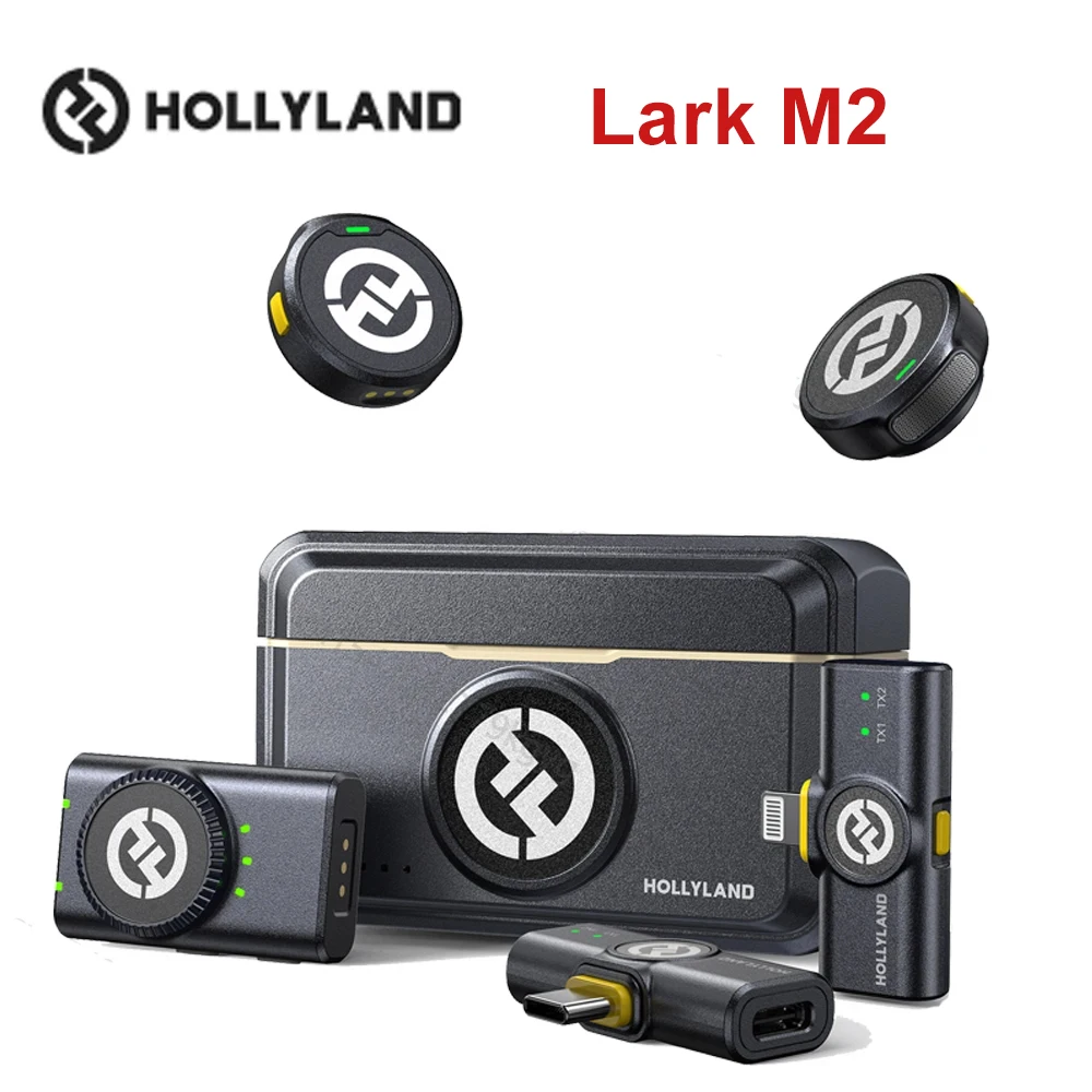 Hollyland Lark M2 ميكروفون لاسلكي Lavalier نطاق 300 متر إلغاء الضوضاء بطارية 30 ساعة لكاميرا iPhone للتصوير الفوتوغرافي مدونة فيديو