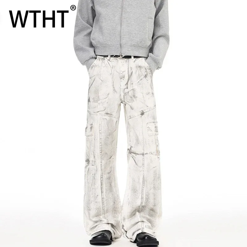 

WTHT винтажные мужские брюки со старым сращенным дизайном, модные уличные прямые свободные брюки, мужские зима 2025 г., 2A2549