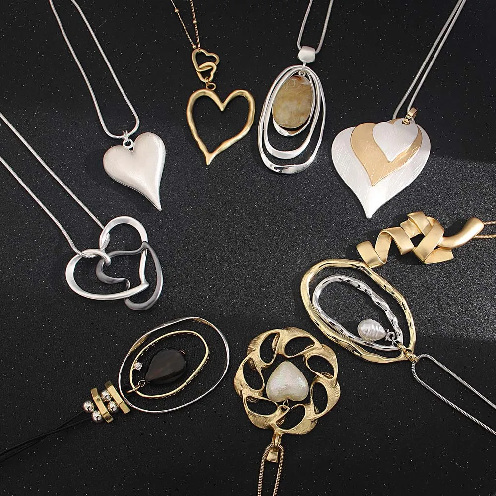 Amorcome Vintage Geometric Heart Pendants Long Snake Chains Necklace Fashion Women Jewelry Suspension Accessories Gift