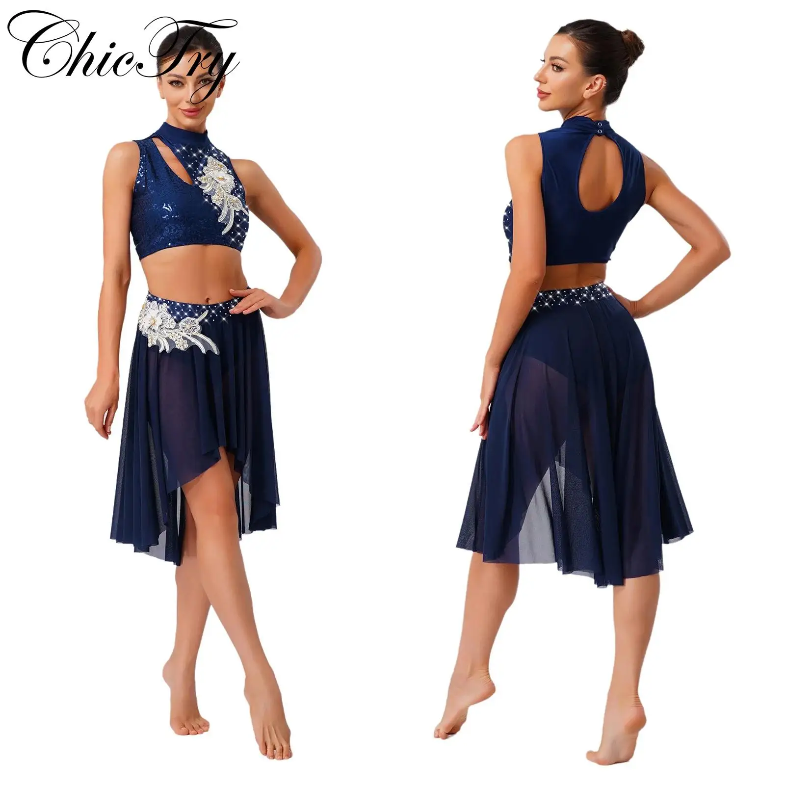 

Women's Lyrical Dance Sets Modern Contemporary Dancewear Hollow Out Embroidery Crop Top and Irregular Mesh Hem Skirt Outfits