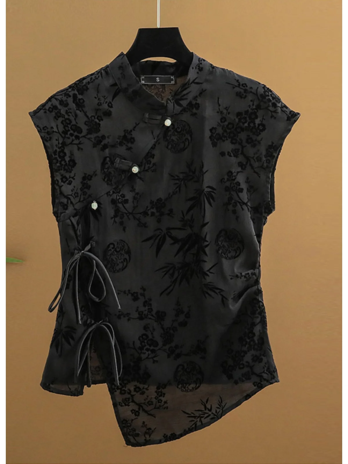 

Тонкая рубашка в стиле ретро, новый топ Cheongsam в китайском стиле с наклонными лацканами, лето 2029, черная жаккардовая футболка с короткими рукавами, женская одежда