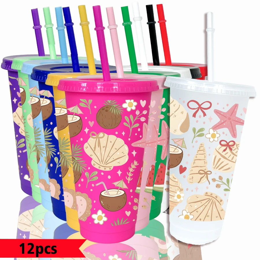 12pcs/pack Shell Coconut Starfish Pattern 26oz Colored Plastic Party Cold Drink Cup for Back-to-school Birthday Gift