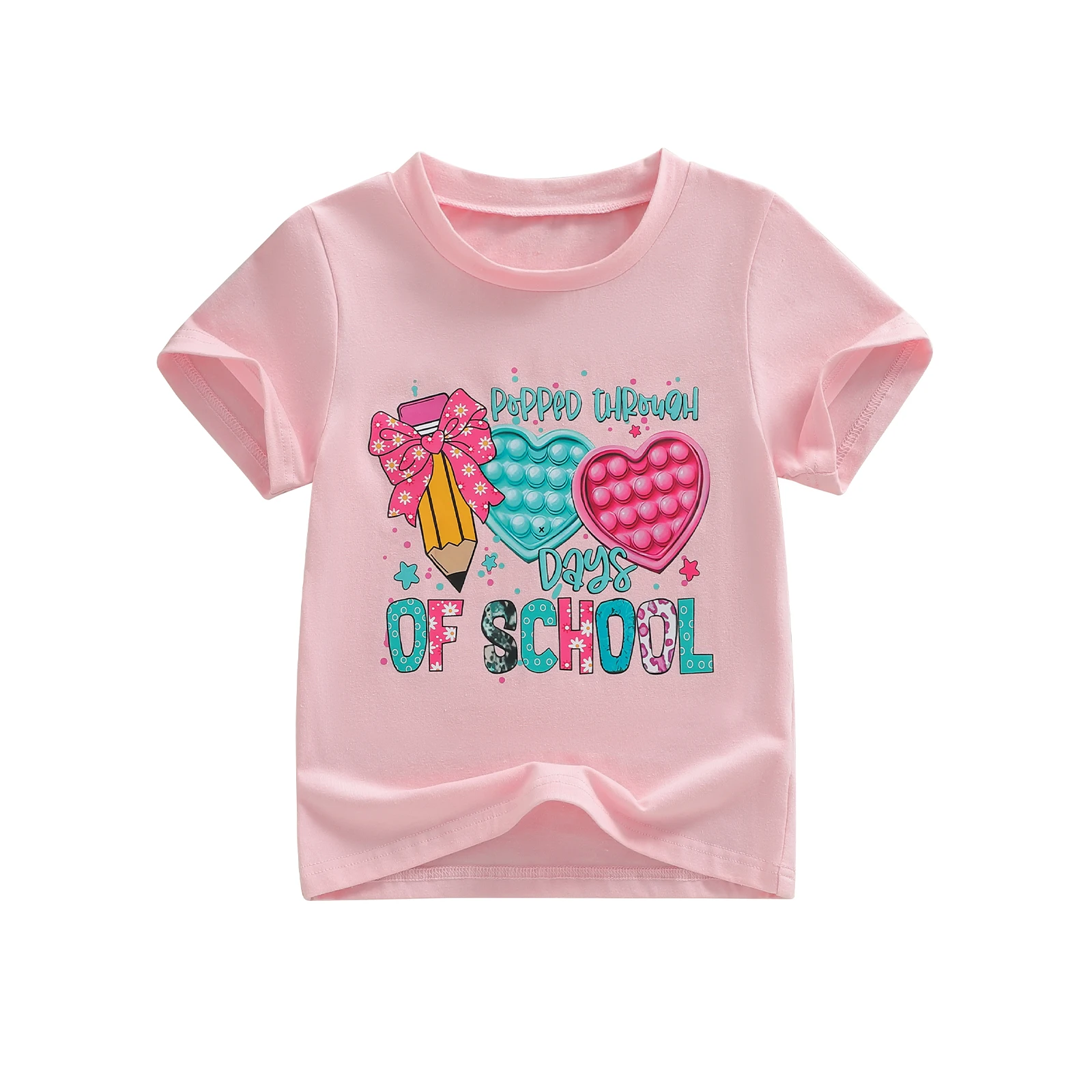 

Kid Girl Summer T-Shirt Letter Bow Print Short Sleeve Round Neck 100 Days of School Celebration Tops