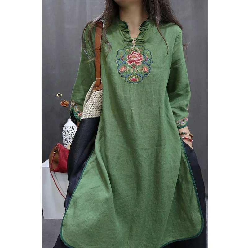 Summer Chinese Style New Cotton and Linen Vintage Loose Printing Frog Ethnic Style Dress Mid Length Version Embroidery Skirt