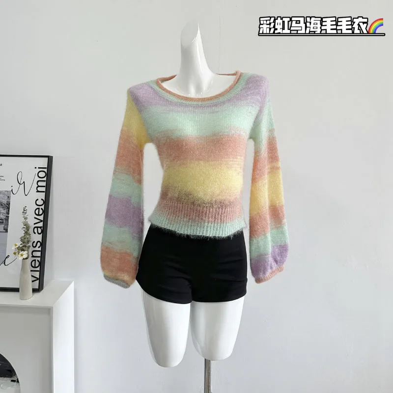 

Colorful Striped Fall Women's Knit Sweater Chic Design Long-sleeved Baggy Streetwear Design Women Cozy Slouchy Sweater