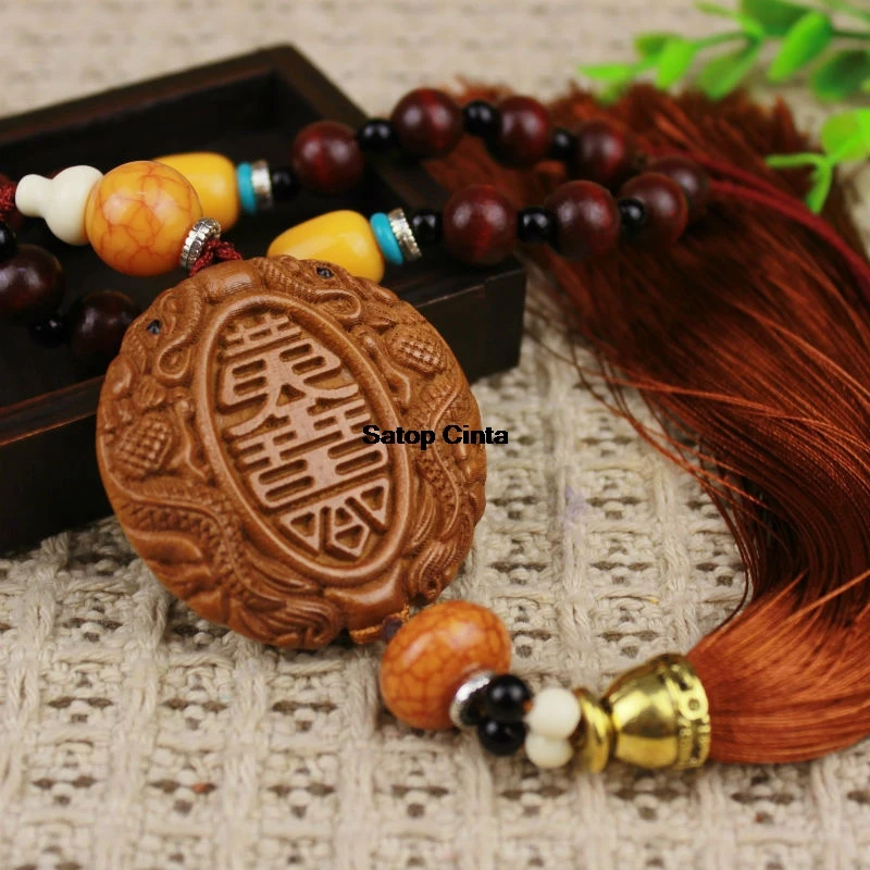 Double-sided Dragon With Beads Hanging Car Ornaments Peach Wooden Carving Carfts Prayer Blessing Car Mirror Interior Accessories