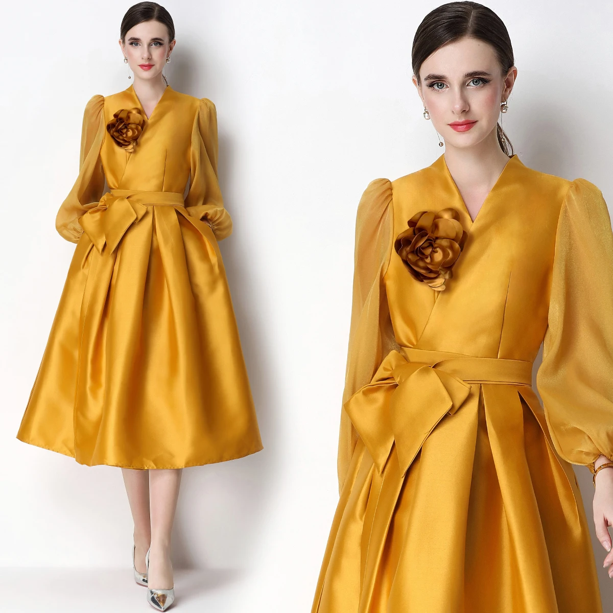

Elegant Satin V-Neck Dress with Puffy Sleeves And Waist-Cinching Midi A-Line Gown Floral Print High Waist Polyester Fiber