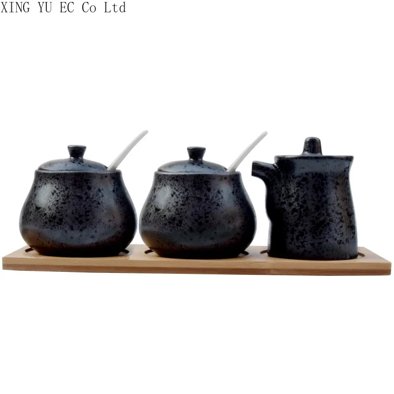 Japanese-style Ceramic Seasoning Jar Three-piece Set Household Spoon with Lid Seasoning Jar Salt Shaker Pepper Shaker Oil Jar