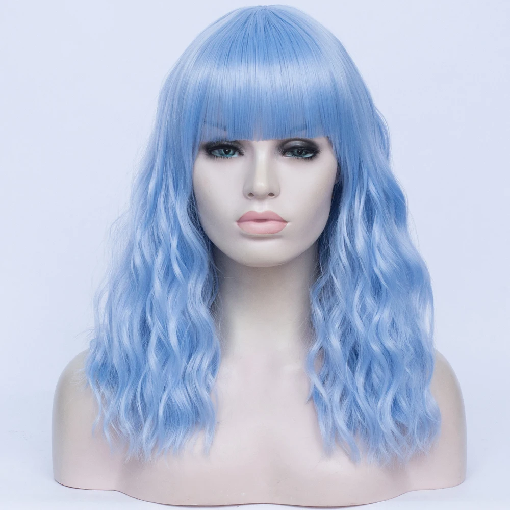 Synthetic Wig Blue Curly Wave Wig with Bangs Realistic Looking Fake Hair for Women Cosplay Lolita Halloween Party Daily Wear