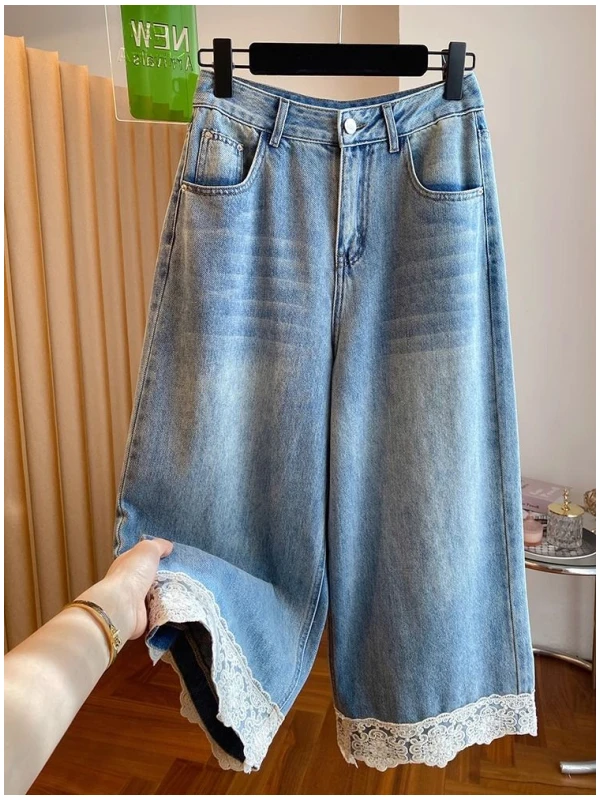 

Мужские джинсы больших размеров (до 300 фунтов) с кружевной отделкой и вставками, весна-лето, новая корейская версия, с высокой талией, широкие штанины, повседневный стиль