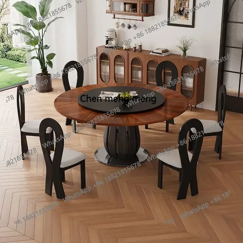 중세 스타일, 원목 식탁과 의자 원형 테이블 고급 가정용 소형 아파트, 회전판이 있는 복고풍 H