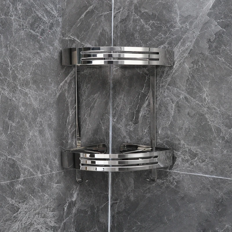 

Household Toilet Bathroom Shelf 304 Stainless Steel Bathroom with Hook Storage Shower Room Triangle Mesh Basket