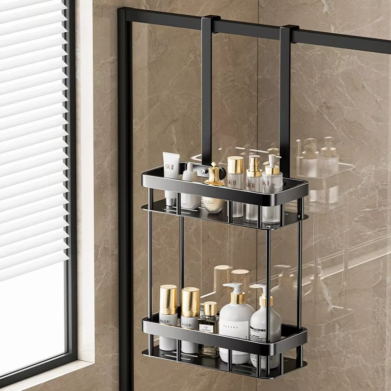 Estante de almacenamiento montado en la pared sin perforaciones para baño, 1/2 niveles, para ducha, sobre la puerta, organizador de artículos de tocador, estante colgante para baño