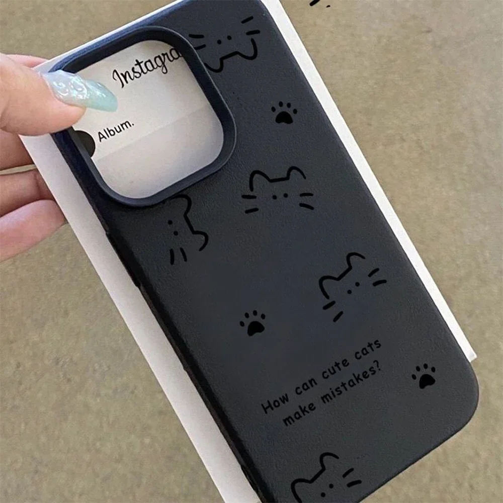 Lines Cute Cat Phone Case For iPhone 13 Case iPhone 11 15 12 14 16 Pro Max 15 16 Plus Shockproof Bumper Soft Leather Cover Funda