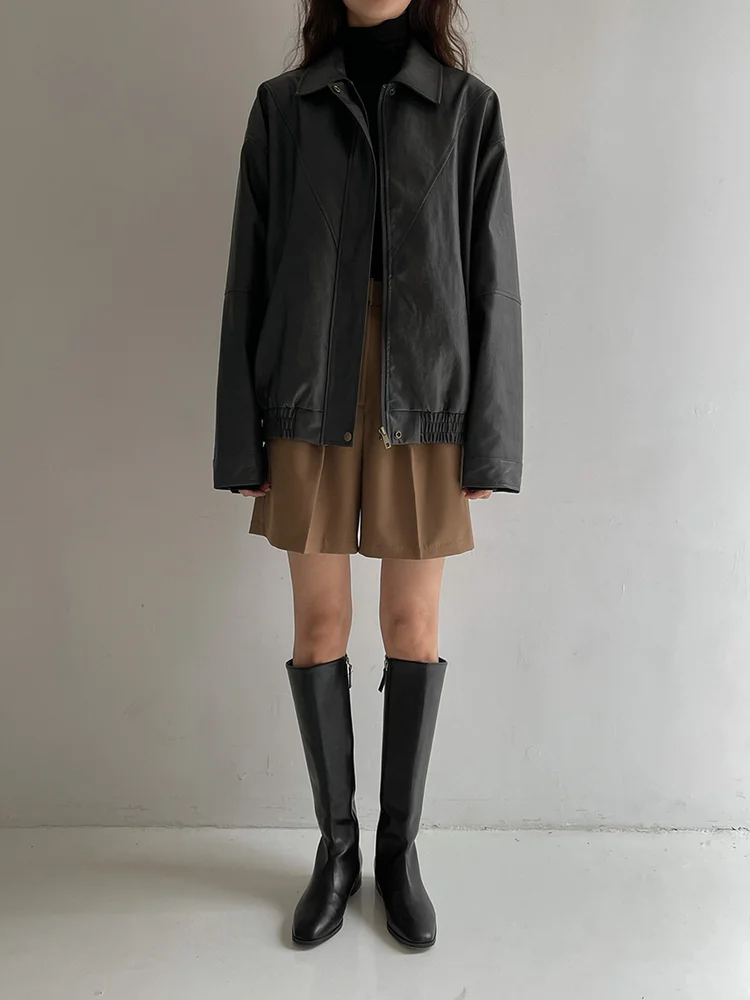 أوائل الخريف الحصري الرجعية Sli بو الجلود Jaet تصميم سستة طوق معطف فضفاض ملابس خارجية معطف السيدات Faionable #3