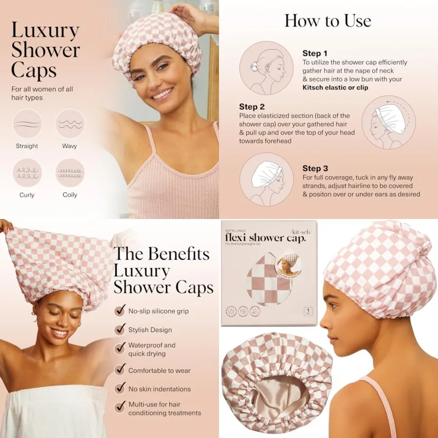 

Luxury Satin-Lined Flexi Shower Caps for Women Reusable Waterproof - Large Wide Shower Cap for Women Men, Adjustable, Stylish H