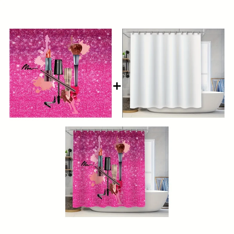 Fashion makeup theme shower curtain set, 179.83X179.83cm pink glitter cosmetic pattern, 12 eyelet water-resistant polyester bath