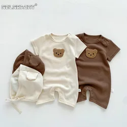 New In Summer Kids Baby Girls Boys Short Sleeve Waffle Patch Bear Infant Newborn Jumpsuits Cotton Romper Gift Hat with Ear