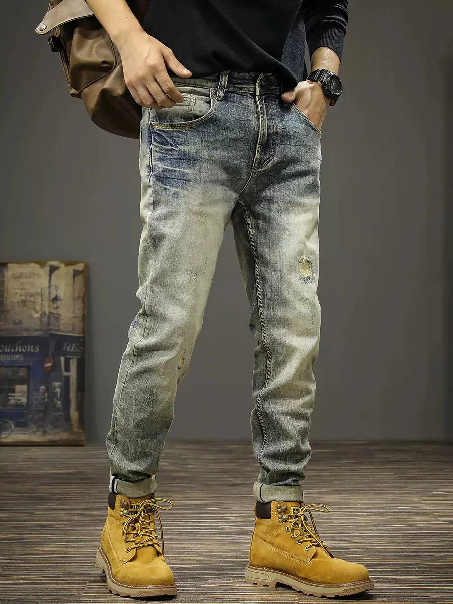 Italian Style Fashion Men Jeans Retro Elastic Slim Fit Ripped Jeans Men Stretch Vintage Trousers Casual Designer Pants Hombre