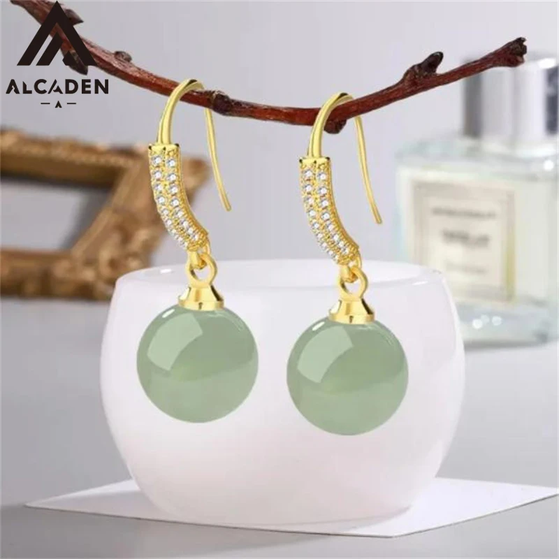 Vintage Hotan Jade Damen Ohrringe Zirkon Runde Tropfen Klassisch Elegant Ethnisch Schmuck Jubiläumsgeschenk