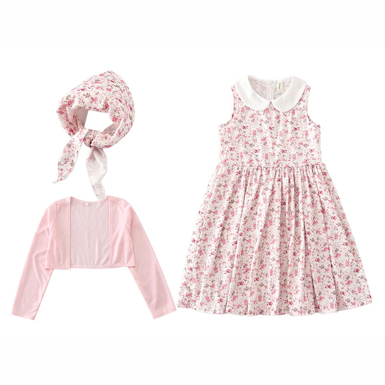 100th Day of School Kid Role Play Granny 3Pcs Costume Floral Dress+Pink Cardigan+Headscarf Girl Halloween Elderly Cosplay Outfit