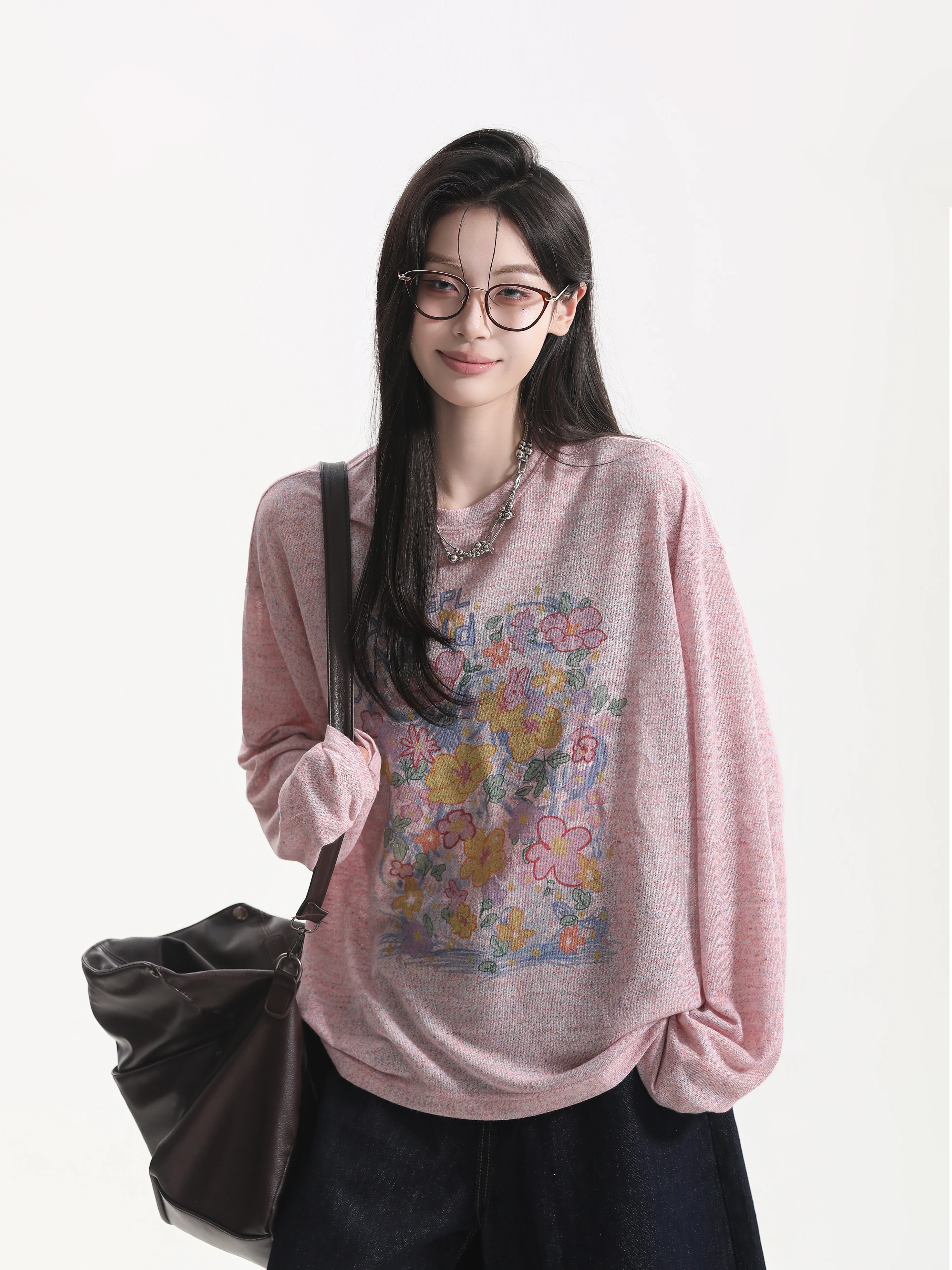 Floral Graffiti Print Long Sleeve T-Shirt Korean Style Ageless Atmosphere See-through Casual Loose Fit Polyester Blend