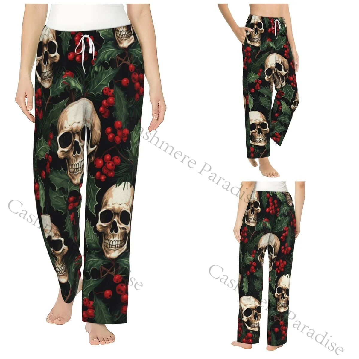 

Skulls Holly Leaves Are Women Sleep Pants Warm Flannel Lounge Pants for Winter Nights