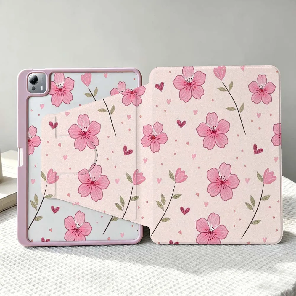 Pink Flower Design Soft For Xiaomi Mi Redmi Poco Pad 8 7 7S 6 6S 5 SE Pro Ultra 360° Rotation Stylus Storage Tablet Case